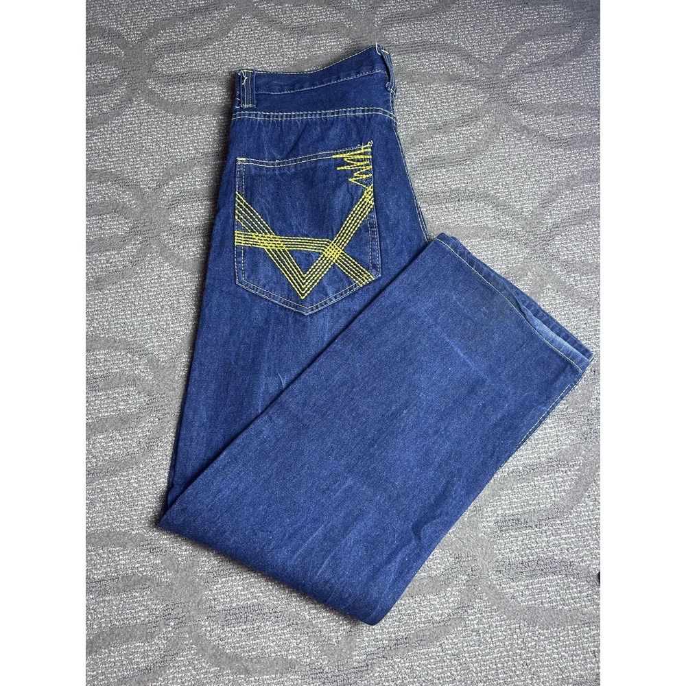 Red Ape Mens 34x32 Denim Y2K Yellow Stitching‎ Embroidered Pockets Baggy Street